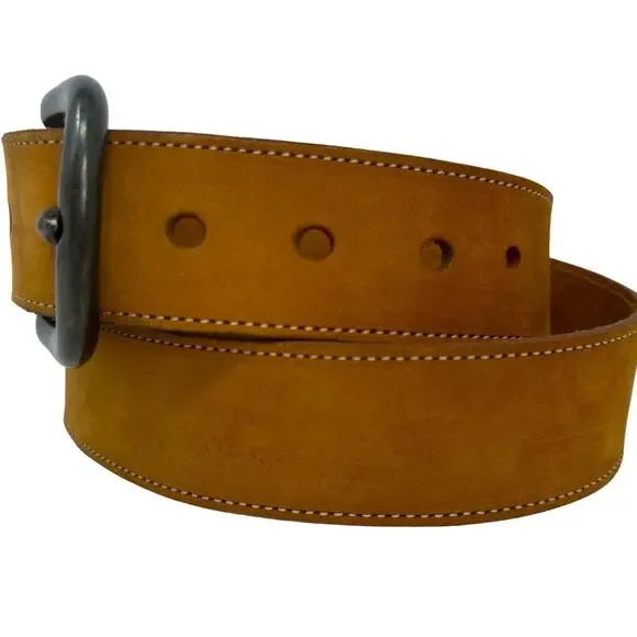 Calfskin Sturdy Soft Natural Color Brass Buckle Belt - TAN - Picture 4 of 7